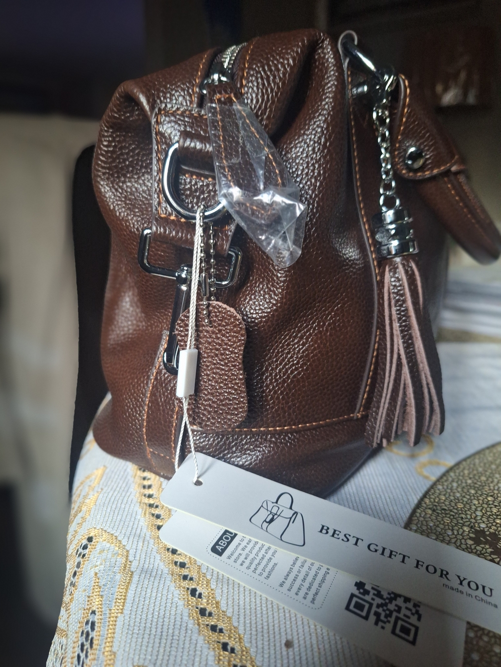 Heshe Genuine Leather Brown Unisex Handbag With Top Straps Also Detachable Strap - Picture 11 of 16